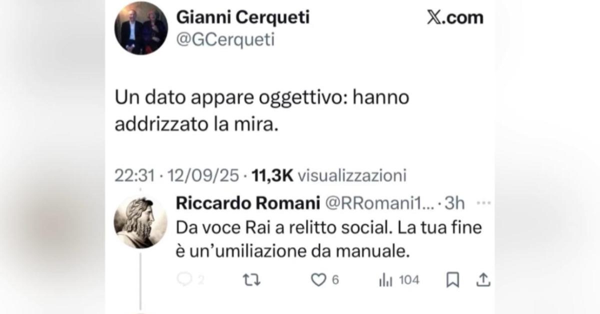 Attentato Kirk, ex telecronista Rai Gianni Cerqueti “esalta” Tyler Robinson: “Rispetto a Thomas Matthew Crooks hanno raddrizzato il tiro” Attentato Kirk, ex telecronista Rai Gianni Cerqueti “esalta” Tyler Robinson: “Rispetto a Thomas Matthew Crooks hanno raddrizzato il tiro”
