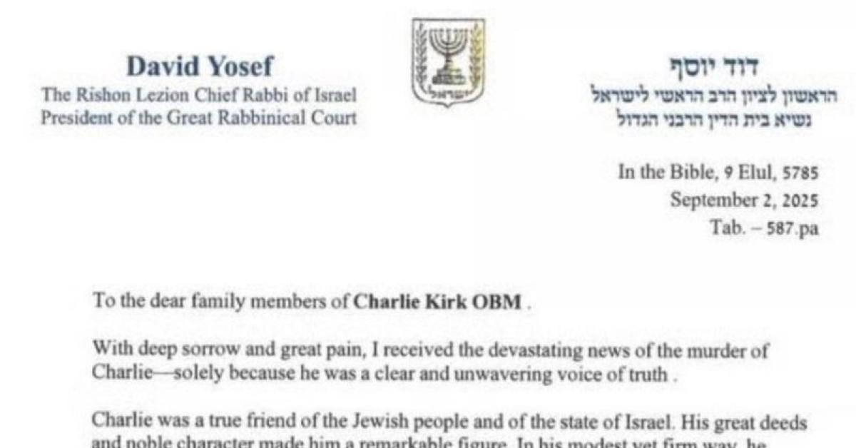 attentato charlie kirk la strana lettera di condoglianze del rabbino capo israeliano david yosef alla famiglia del politico datata 2 settembre