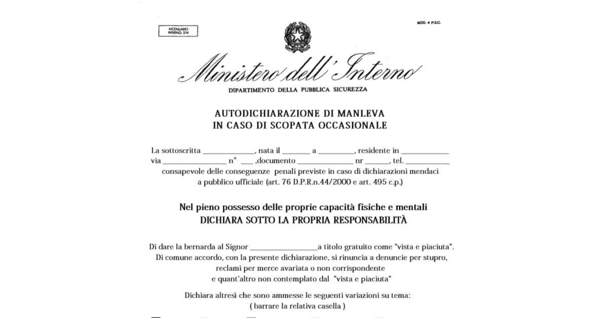 Consenso scritto della donna prima dei rapporti sessuali, documento MEME: "Dichiaro di dare la bernar*a a titolo gratuito, rinuncio a denunce per stupro"