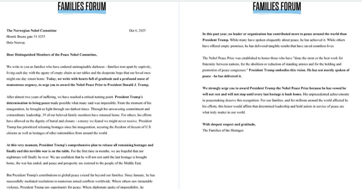 7 ottobre, la LETTERA dei familiari degli ostaggi a comitato norvegese per Nobel: “A Trump premio per la pace, con lui incubo vicino a fine”