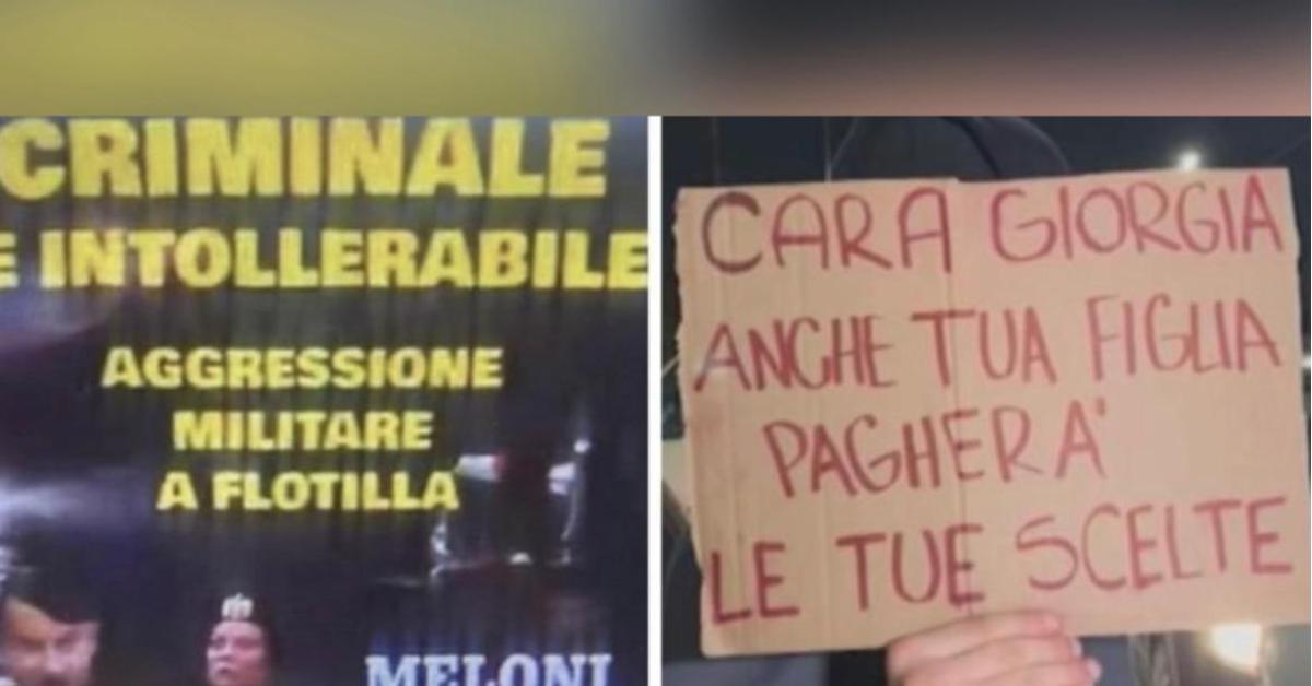 Milano, volantino con Meloni vestita da fascista accanto ad Hitler e slogan “Tua figlia pagherà” durante proteste pro Pal contro genocidio a Gaza Milano, volantino con Meloni vestita da fascista accanto ad Hitler e slogan “Tua figlia pagherà” durante proteste pro Pal contro genocidio a Gaza