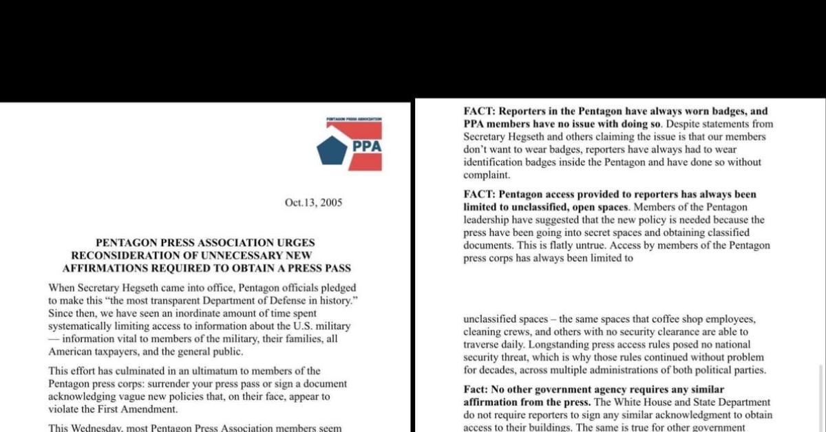 Pentagon Press Association esorta Hegseth a ritrattare restrizioni sui media, principali testate rifiutano di firmare, solo OAN dice sì il DOCUMENTO Pentagon Press Association esorta Hegseth a ritrattare restrizioni sui media, principali testate rifiutano di firmare, solo OAN dice sì il DOCUMENTO