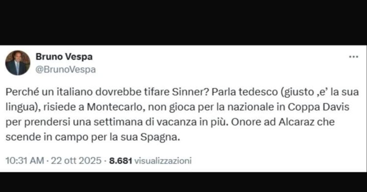 Bruno Vespa contro Sinner dopo il no a Coppa Davis, il giornalista: “Perché un italiano dovrebbe tifare per lui? Parla tedesco e risiede a Monaco” Bruno Vespa contro Sinner dopo il no a Coppa Davis, il giornalista: “Perché un italiano dovrebbe tifare per lui? Parla tedesco e risiede a Monaco”