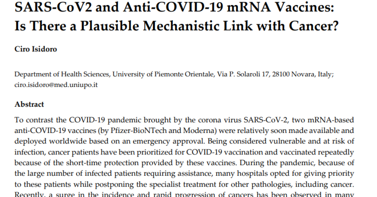 Vaccino Covid a mRNA, "evidenziato possibile legame tra siero Pfizer e Moderna con la nascita di tumori o la ricrescita di essi"   STUDIO della UPO