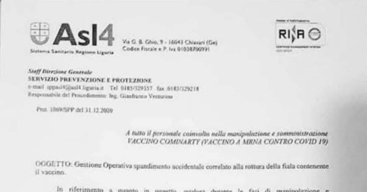 vaccino covid asl4 chiavari ge raccomanda decontaminazione ospedale per rottura fiala siero pfizer utenti considerato pericoloso ora ai tempi del green pass no