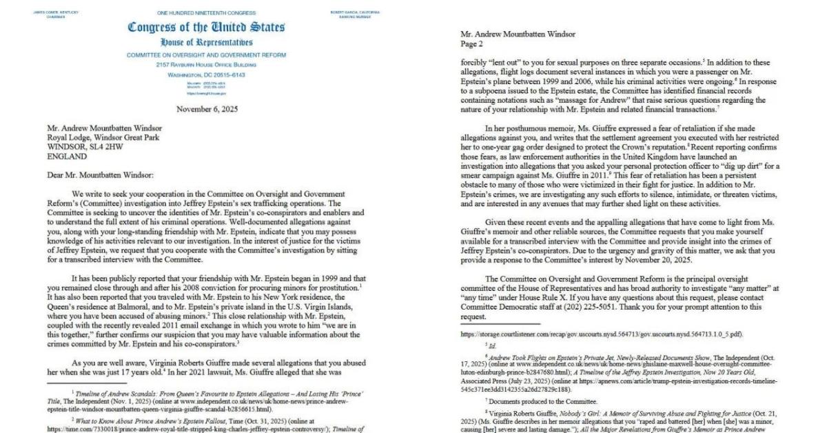 Caso Epstein, dem della Camera chiamano ex Principe Andrea a testimoniare su suoi rapporti "di amicizia" col finanziere il DOCUMENTO del Congresso Usa Caso Epstein, dem della Camera chiamano ex Principe Andrea a testimoniare su suoi rapporti "di amicizia" col finanziere il DOCUMENTO del Congresso Usa