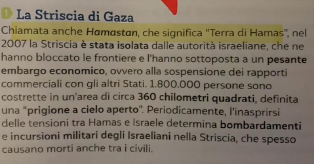 libro di storia scuola media con la propaganda di israele contro i palestinesi striscia di gaza chiamata hamastan terra di hamas e palestina non accettata come stato