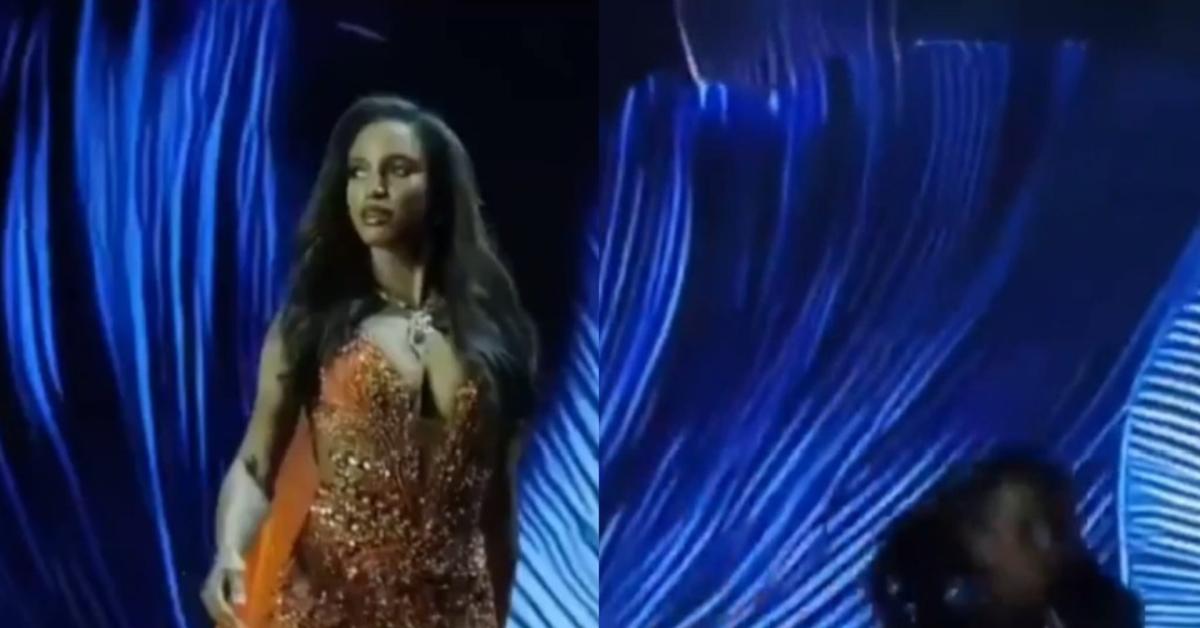 incidente a miss universo la jamaicana gabrielle henry cade dalla passerella mentre ammicca alla telecamera video