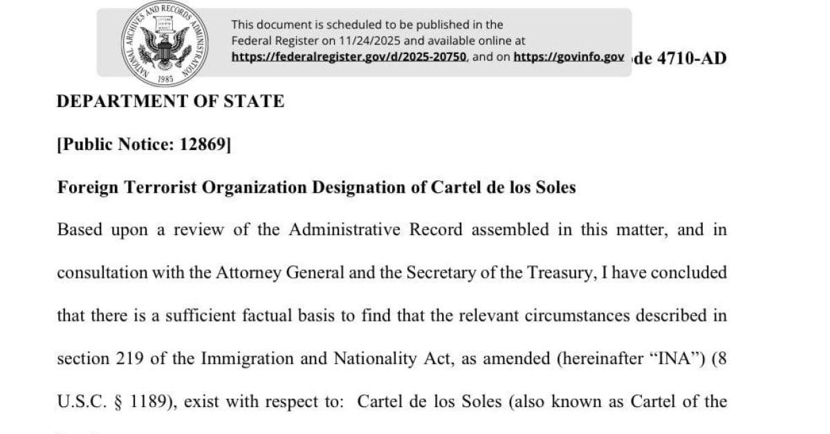Venezuela, Usa designano "Cartel de los Soles" come "Organizzazione Terroristica Straniera": "Ha corrotto esercito, leggi e governo"   DOCUMENTO