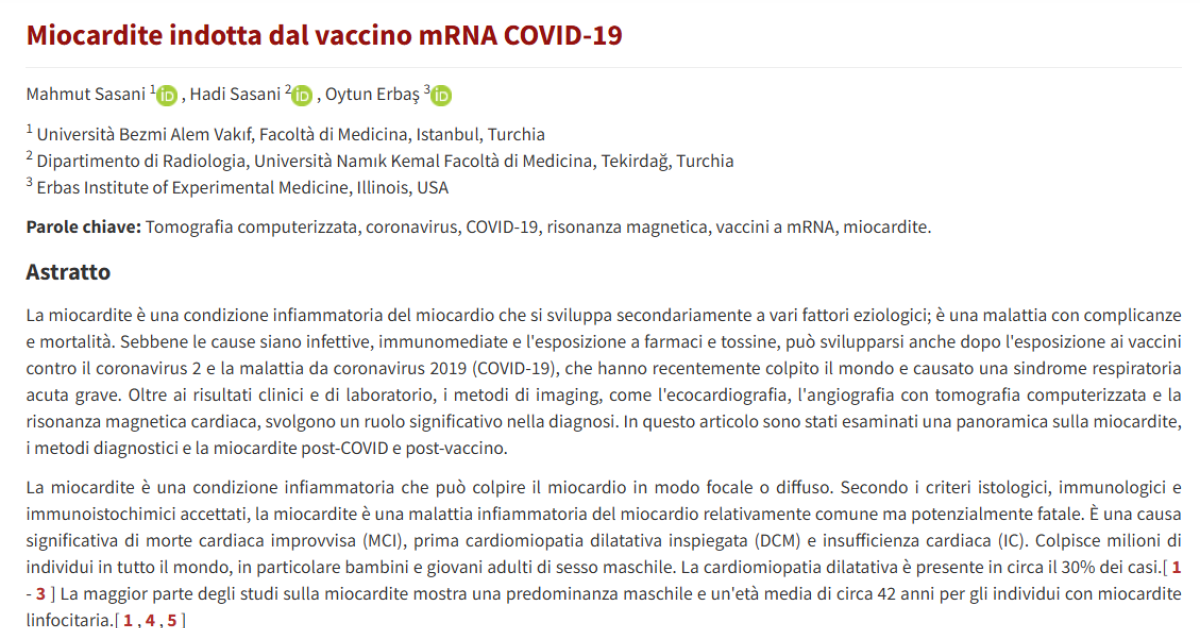 Vaccino Covid, evidenziata "relazione tra siero, miocardite e pericardite, patologie causate dalla proteina spike"   STUDIO Università di Istanbul