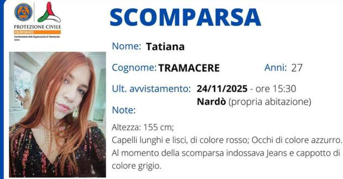 Nardò (LE), scomparsa 27enne Tatiana Tramacere, ricerche anche con cani molecolari, la madre: “Doveva andare a lavorare, le è capitato qualcosa” Nardò (LE), scomparsa 27enne Tatiana Tramacere, ricerche anche con cani molecolari, la madre: “Doveva andare a lavorare, le è capitato qualcosa”