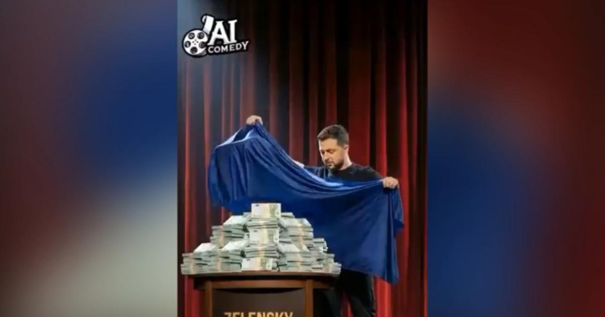 "Zelensky gold magic", il presidente ucraino nasconde una montagna di banconote e fa comparire un water d