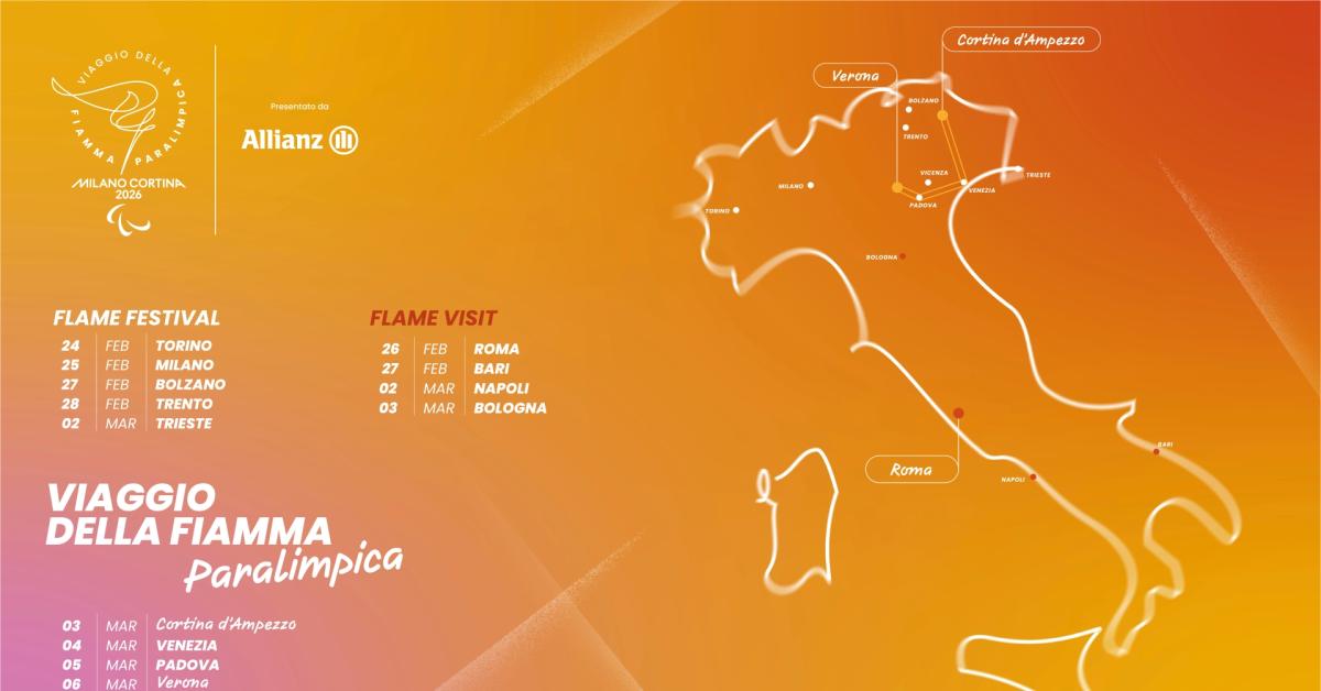 Milano Cortina 2026,  il percorso completo della Fiamma Paralimpica, oltre 2.000 km attraverso l’Italia, coinvolti 501 tedofori