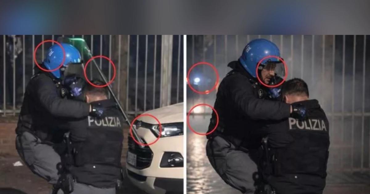 scontri a torino foto poliziotto calista abbracciato dal collega che l ha soccorso modificata con l ai polizia non generata da noi