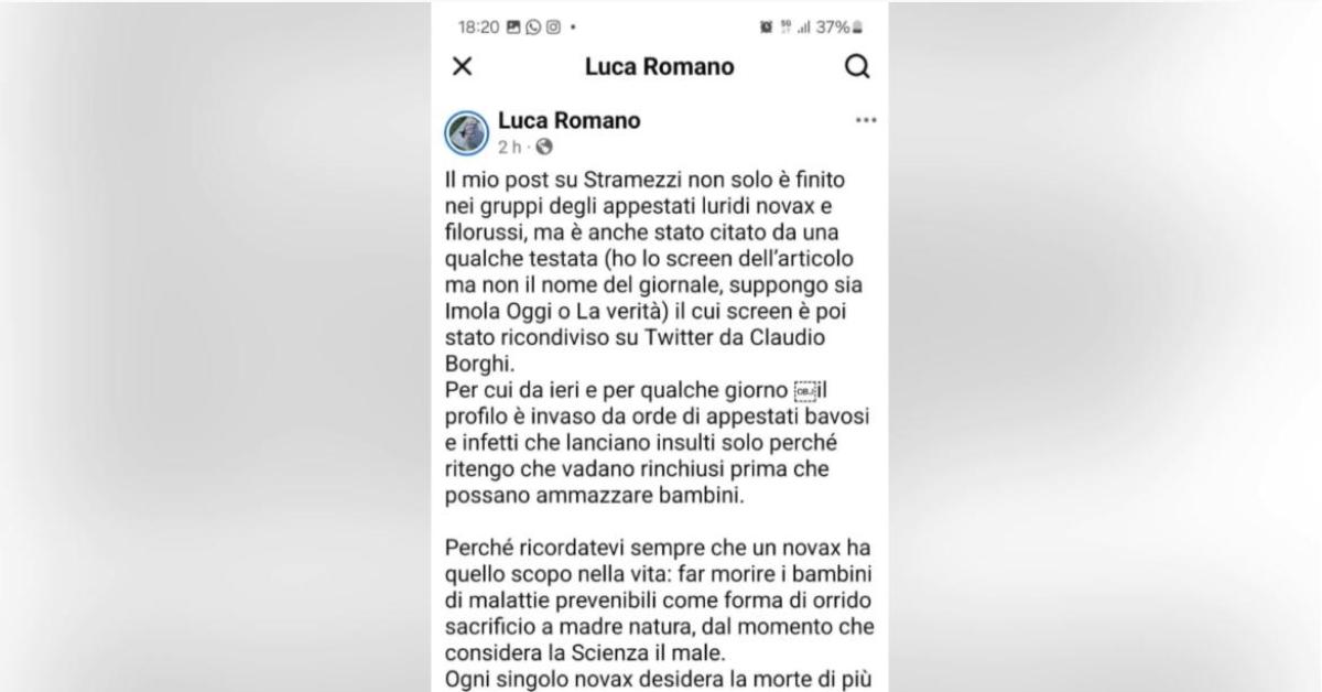 andrea stramezzi ricoverato luca romano rilancia mio post in gruppi di luridi novax filorussi loro scopo uccidere bambini