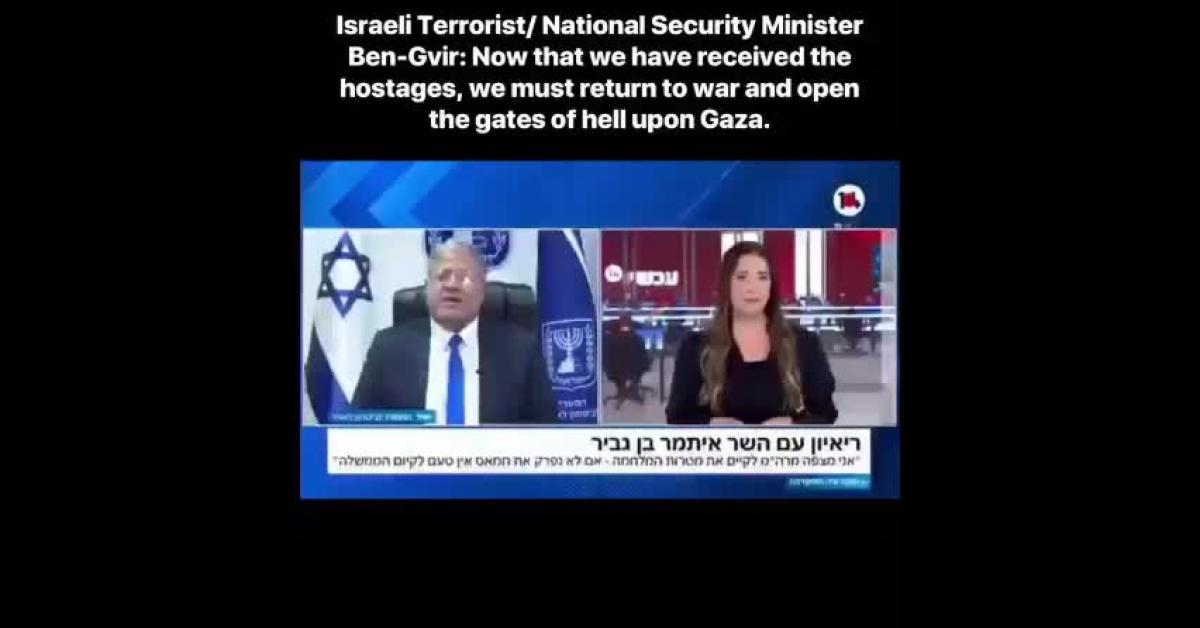 Gaza, ministro israeliano Ben Gvir minaccia la ripresa della guerra: "Ora che abbiamo gli ostaggi, aprire le porte dell’inferno sulla Striscia"   VIDEO
