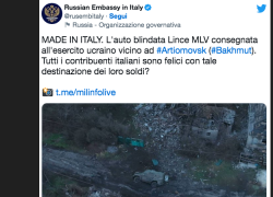 Guerra in Ucraina, l'Ambasciata russa su Twitter ai contribuenti italiani: "Made in Italy l'auto blindata Lince dell'esercito ucraino. Felici con tale destinazione dei vostri soldi?"