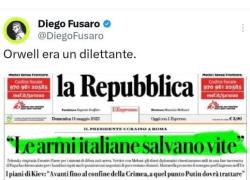 Ucraina, il guitto Zelensky ci spiega che le armi italiane servono a proteggere le vite: Orwell era un dilettante