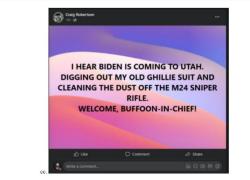 Biden nello Utah, il post su fb: "Quando lo vedrò, rispolvererò il mio fucile"; ucciso dall'Fbi l'autore Craig Robertson in un blitz