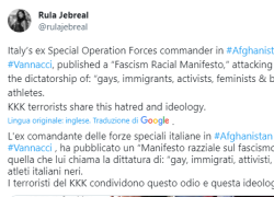 Vannacci, Jebreal su Twitter: “Libro manifesto razziale sul fascismo, ideologia da terrorista del Ku Klux Klan”