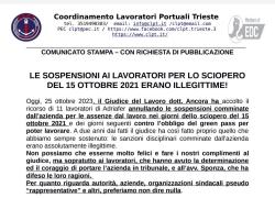 Green pass, tribunale di Trieste annulla le sospensioni per 11 portuali dell’Adriafer comminate per lo sciopero del 15 ottobre 2021
