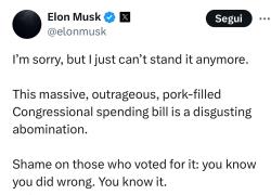 Musk affonda legge fiscale di Trump: “Abominio disgustoso, aumenterà deficit di bilancio a 2,5 trilioni $, vergogna a chi l’ha votata”