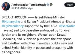 Siria-Israele, ok a cessate il fuoco sostenuto da Usa, Turchia e Giordania, Barrack: “Drusi, beduini e sunniti costruiscano nuova identità siriana”