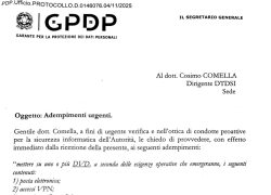 Garante della Privacy, il DOCUMENTO nel quale Angelo Fanizza chiedeva "l'accesso a mail, Vpn e cartelle condivise" dei dipendenti