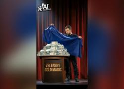 "Zelensky gold magic", il presidente ucraino nasconde una montagna di banconote e fa comparire un water d'oro - il VIDEO AI