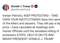 Trump incita manifestanti anti-governativi in Iran: "Patrioti, continuate a protestare, prendete controllo istituzioni, l'aiuto &egrave; in arrivo"