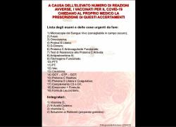 Vaccino Covid, avviso per soggetti inoculati: &ldquo;Chiedete al medico 19 esami di accertamento per elevato numero di effetti avversi&rdquo;