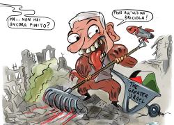 Gaza, la vignetta di Altum sul genocidio palestinese: Netanyahu assetato di potere rastrella macerie per il suo "impero israeliano"