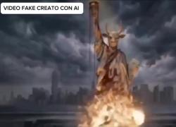 Iran, un missile fa saltare in aria la statua della Libert&agrave; rappresentata con la testa di Baal - VIDEO FAKE CREATO CON AI