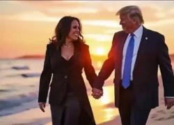 Donald Trump e Kamala Harris, al via la love story: in spiaggia mano nella mano, il bacio passionale e il figlio uguale al tycoon, il VIDEO fake creato con Grok-2 di Musk