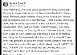 USA, Trump asfalta Springsteen: "Invadente e odioso, una prugna secca, ha sostenuto Biden, un'idiota che ha quasi distrutto l'America" - VIDEO
