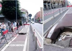 Milano, voragine su pista ciclabile in via Imbonati, camion inghiottito, tragedia sfiorata - VIDEO