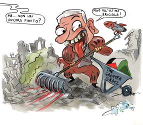 Gaza, la vignetta di Altum sul genocidio palestinese: Netanyahu assetato di potere rastrella macerie per il suo "impero israeliano"