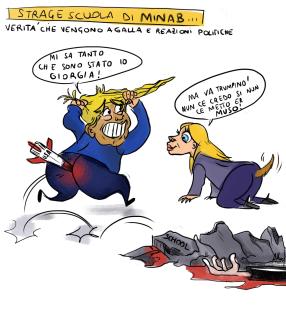 Strage scuola Minab, la vignetta di Altum su responsabilit&agrave; Usa e "tiepida" reazione della succube Meloni: "Nun ce credo se nun vedo"