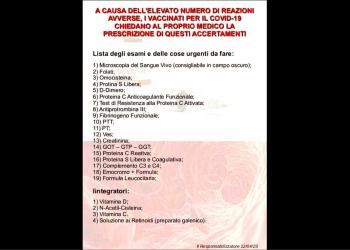 Vaccino Covid, avviso per soggetti inoculati: &ldquo;Chiedete al medico 19 esami di accertamento per elevato numero di effetti avversi&rdquo;