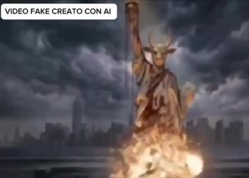 Iran, un missile fa saltare in aria la statua della Libert&agrave; rappresentata con la testa di Baal - VIDEO FAKE CREATO CON AI