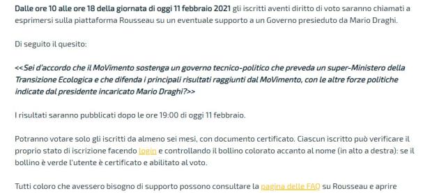 Rousseau, quesito governo Draghi tendenzioso