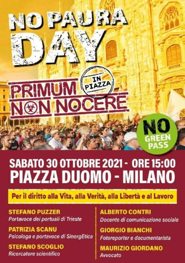 No Paura Day Milano: sabato 30 ottobre torna la manifestazione No Green pass 