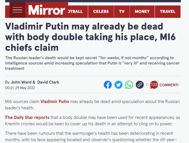 Putin è morto ma solo secondo il Mirror