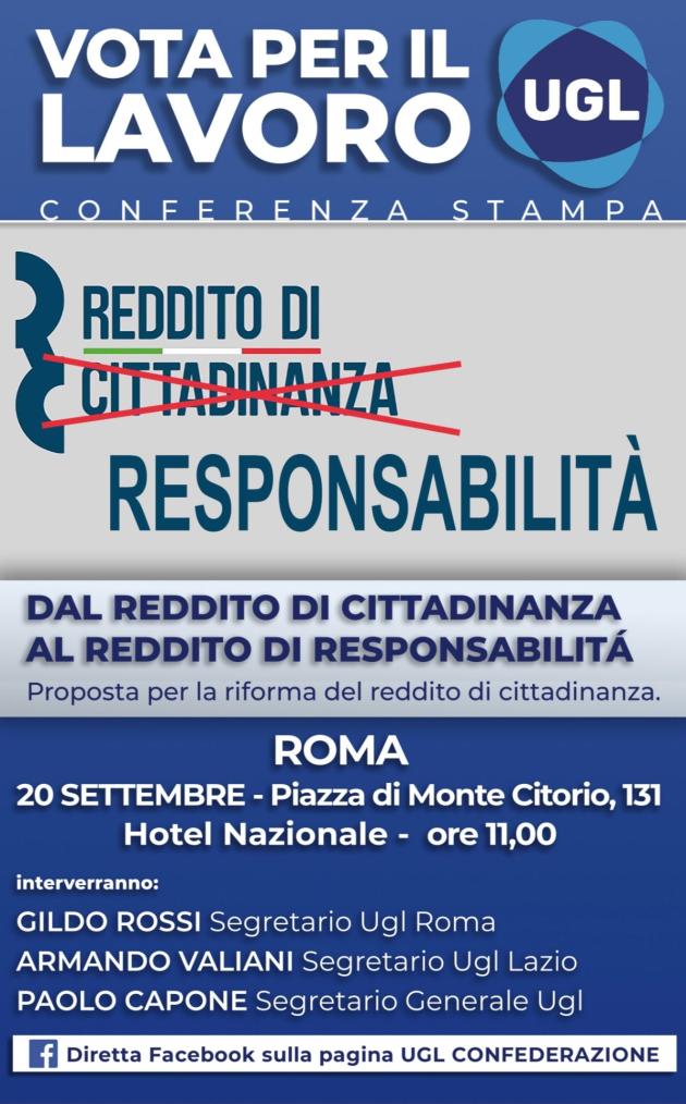 EVENTO UGL A ROMA: “DAL REDDITO DI CITTADINANZA AL REDDITO DI RESPONSABILITÁ”