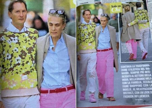 Coniugi Elkann in scambio di genere: lui con le scarpe rosa, lei giacca e camicia