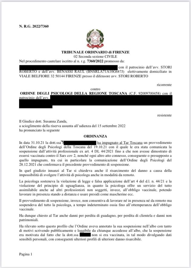 Obbligo vaccinale, sentenza del Tribunale di Firenze: psicologa sospesa perché non vaccinata vince ricorso contro l'Ordine degli Psicologi di Toscana