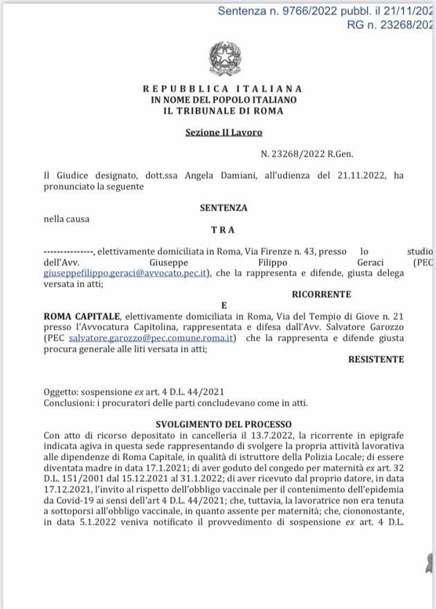 Obbligo vaccino covid, sentenza del Tribunale di Roma annulla sospensione ad agente della polizia municipale in congedo di maternità 