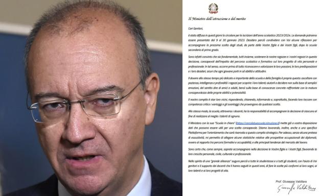 Scuola, Valditara scrive una lettera alle famiglie per la scelta dell'istituto e annuncia "la riforma della Matematica"
