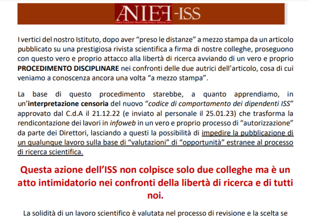 Anief, sindacato ricercatori, contro procedimenti disciplinari ISS: "Attacco alla libertà di studio: no alle logiche politiche" 