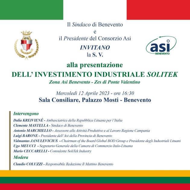 Presentazione dell’investimento industriale SoliTekZona Asi Benevento – Zes di Ponte Valentino